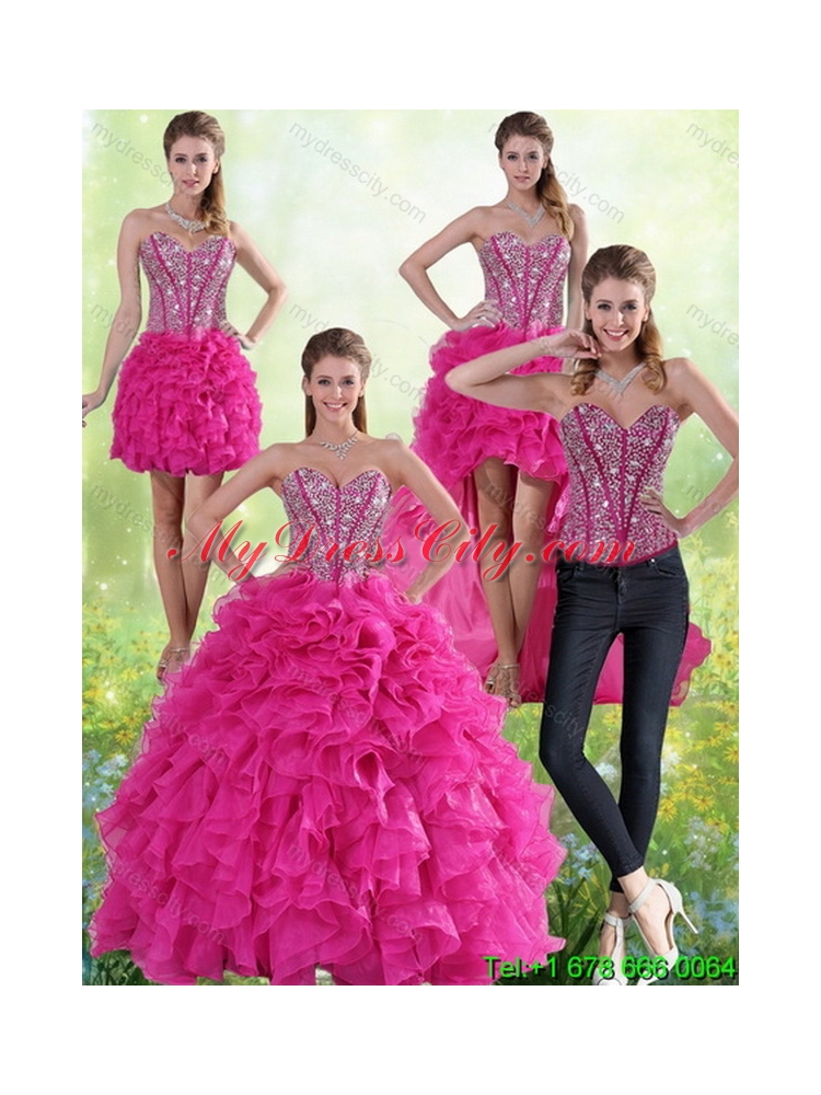 Detachable Hot Pink Sweetheart Quinceanera Skirts with Beading and Ruffles