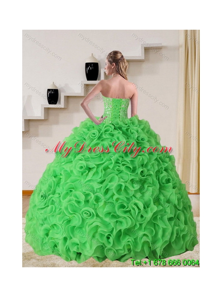 Detachable Strapless Spring Green Quinceanera Skirts with Beading and Ruffles