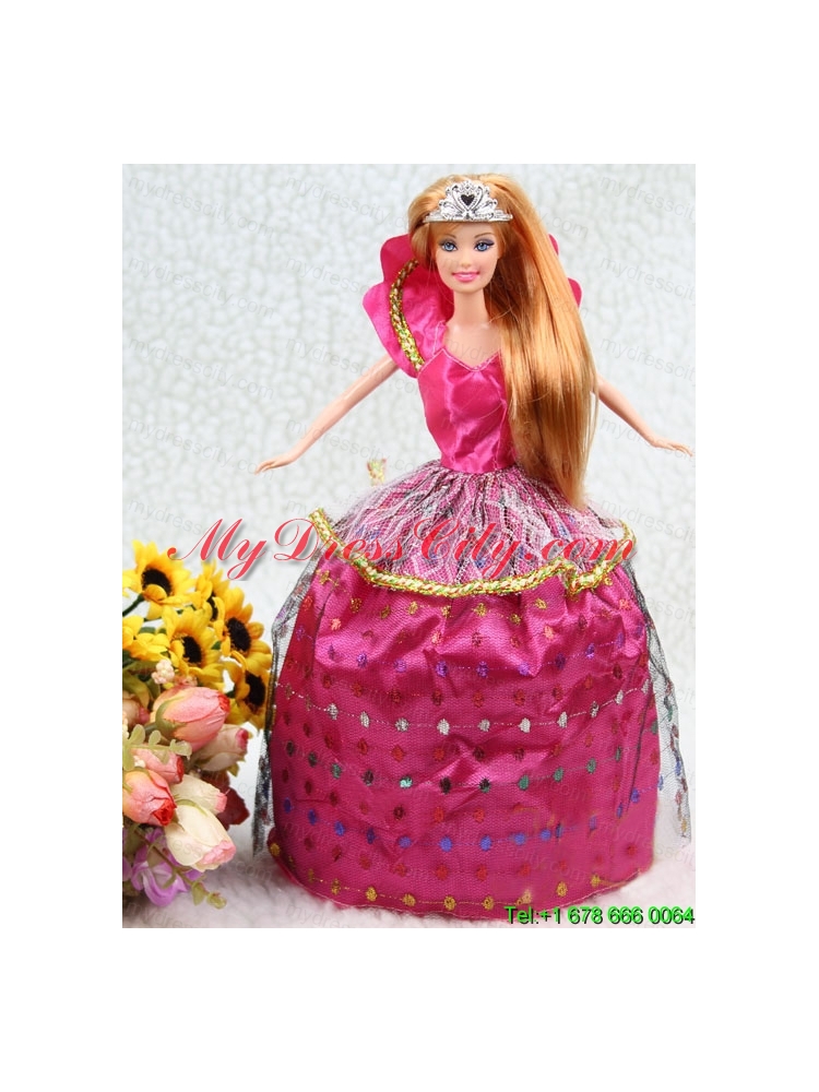 Elegant Hot Pink Taffeta Ball Gown Party Clothes Embroidery Dress For Nobel Barbie