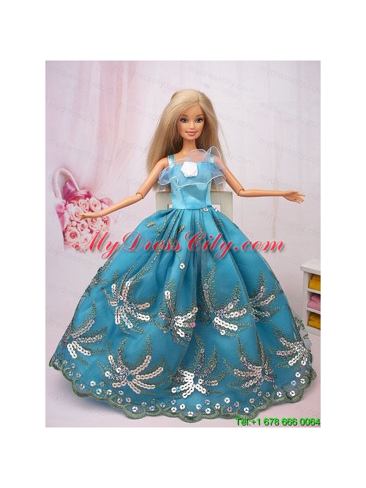 Exclusive Ball Gown Teal Beading Hand Made Flower Barbie Doll Dress