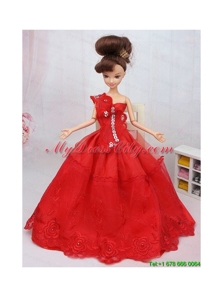 Hand Made Flower and Beading Red Organza Barbie Doll Dress