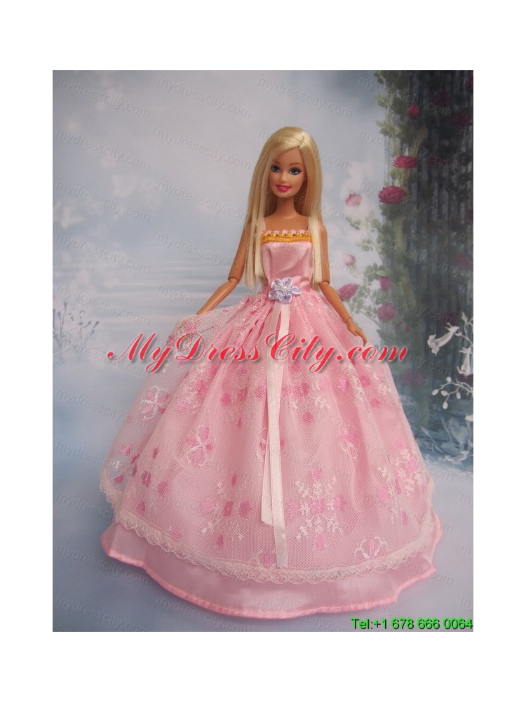 Hand Made Flower Lace Pink Ball Gown Barbie Doll Dress