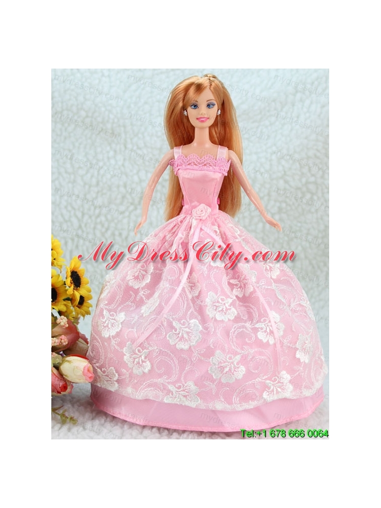 Lovely Baby Pink Ball Gown Straps With Sash and Lace Party Clothes Fashion Dress For Noble Barbie