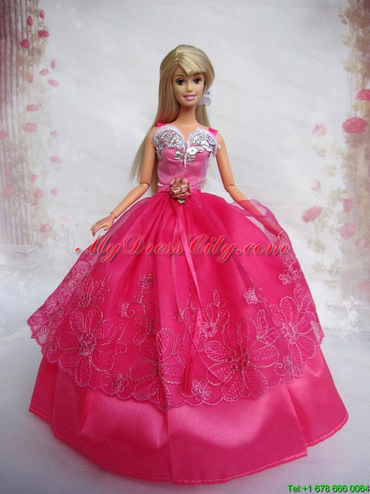 Lovely Hot Pink Ball Gown Taffeta and Organza Barbie Doll Dress