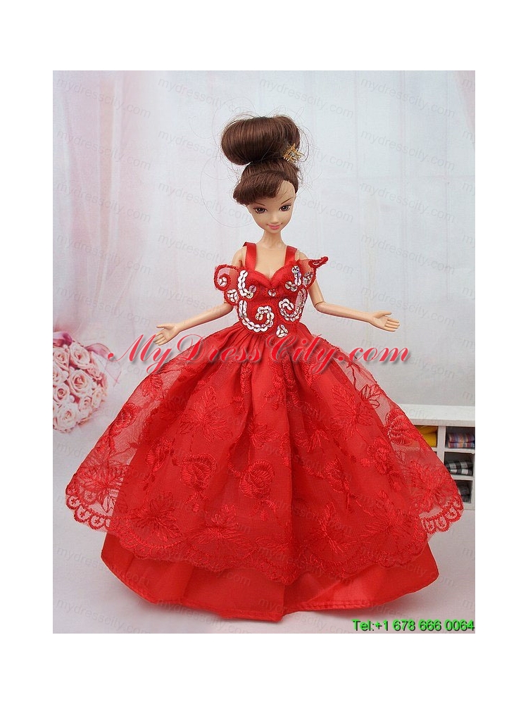 New Beautiful Ball Gown Red Lace Handmade Party Clothes Fashion Dress for Noble Barbie