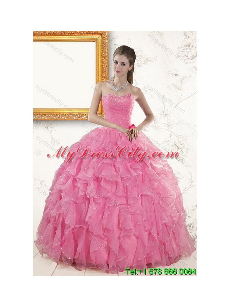 2015 Elegant Baby Pink Quince Dresses with Beading and Ruffles