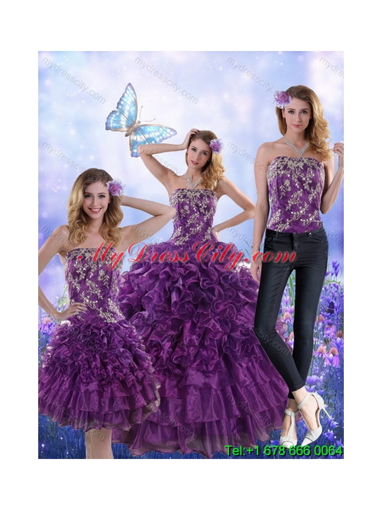 Elegant Purple Strapless Quince Dresses with Appliques and Ruffles for 2015