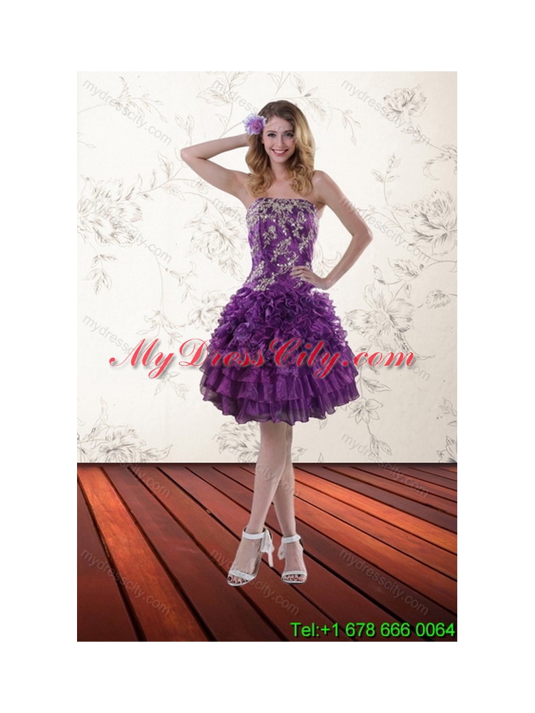 Elegant Purple Strapless Quince Dresses with Appliques and Ruffles for 2015