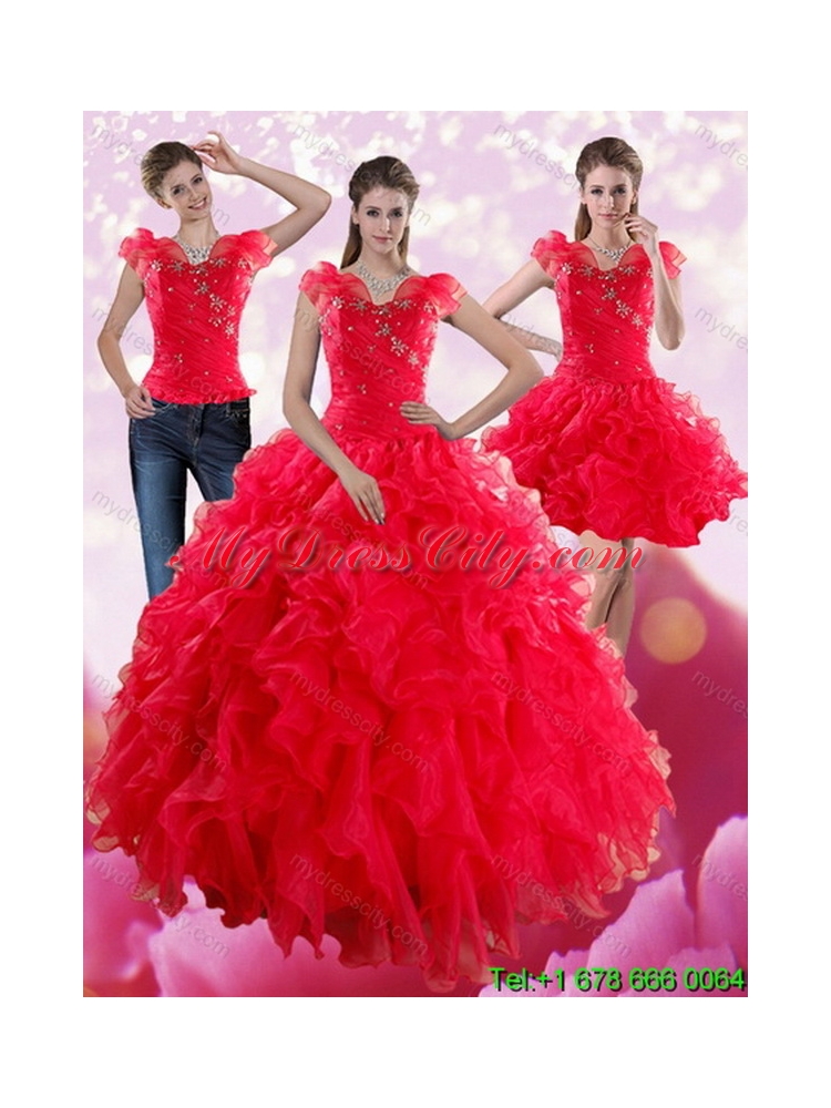 Elegant Red Sweetheart Quince Dresses with Ruffles and Beading for 2015