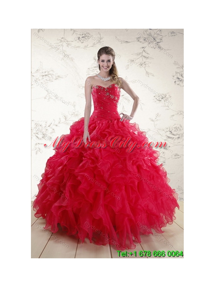 Elegant Red Sweetheart Quince Dresses with Ruffles and Beading for 2015