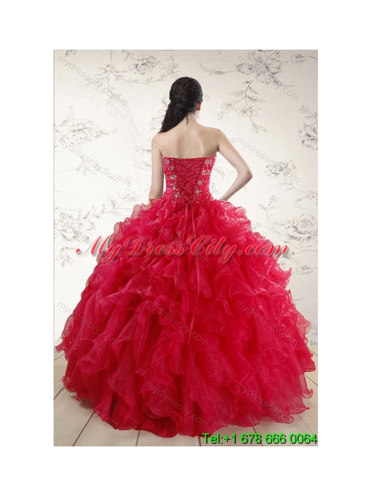 Elegant Red Sweetheart Quince Dresses with Ruffles and Beading for 2015