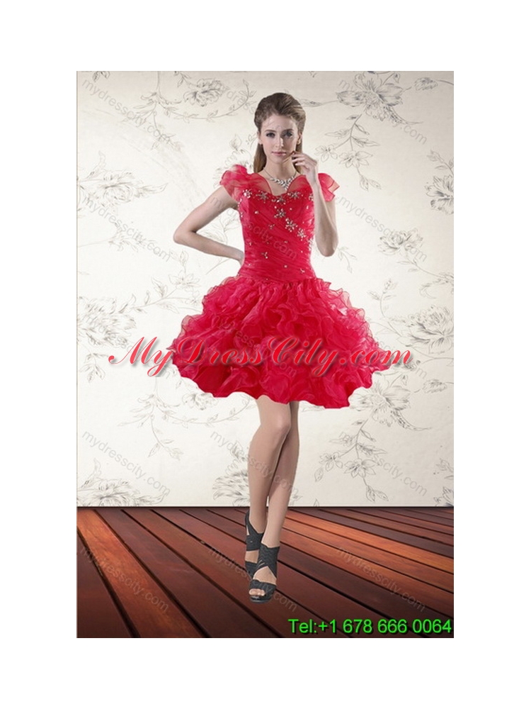 Elegant Red Sweetheart Quince Dresses with Ruffles and Beading for 2015