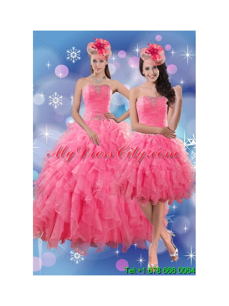 Elegant Rose Pink Quince Dresses with Ruffles and Beading for 2015