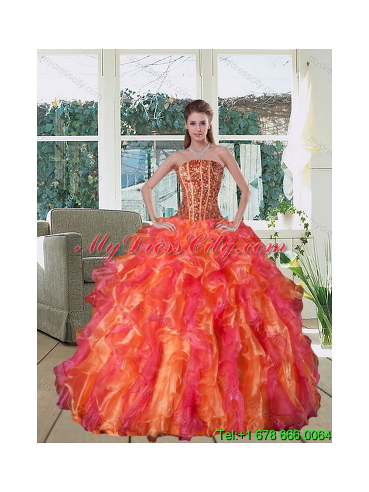 Elegant Strapless Multi Color Dress for Quinceanera with Beading and Ruffles