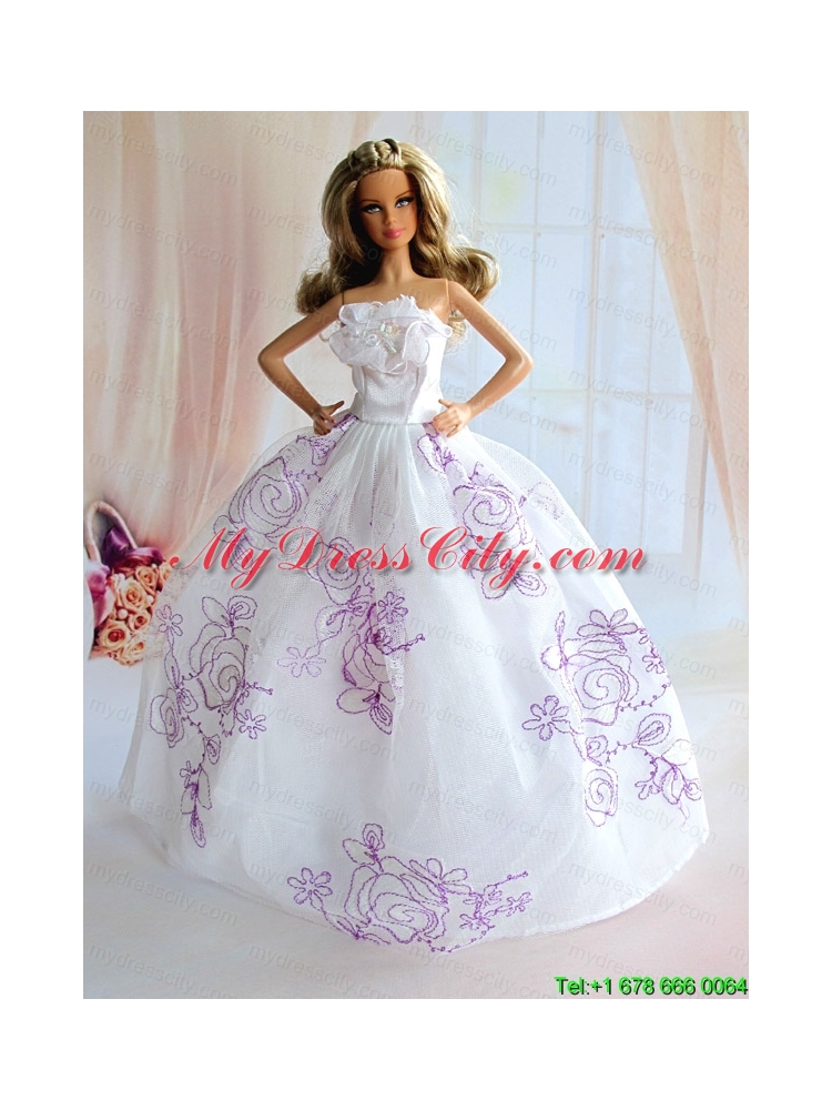 Embroidery Decorate White Taffeta Ball Gown Barbie Doll Dress