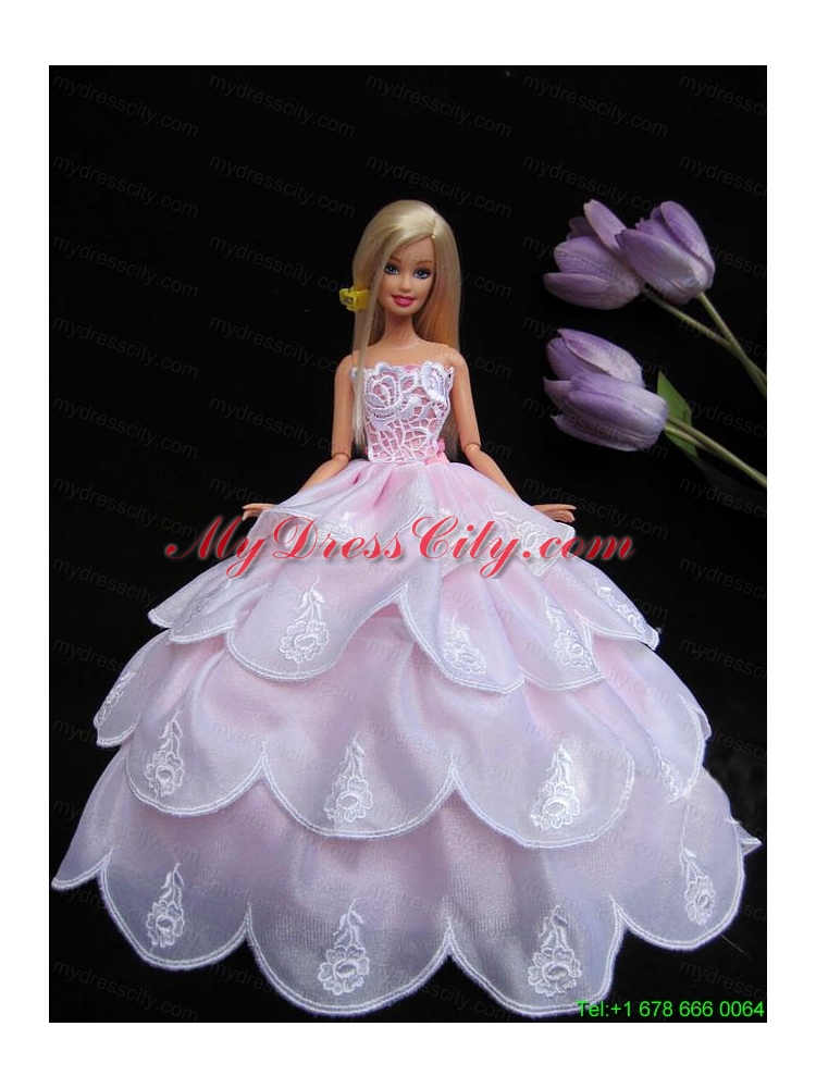 Embroidery Pink Ruffled Layers Ball Gown Barbie Doll Dress