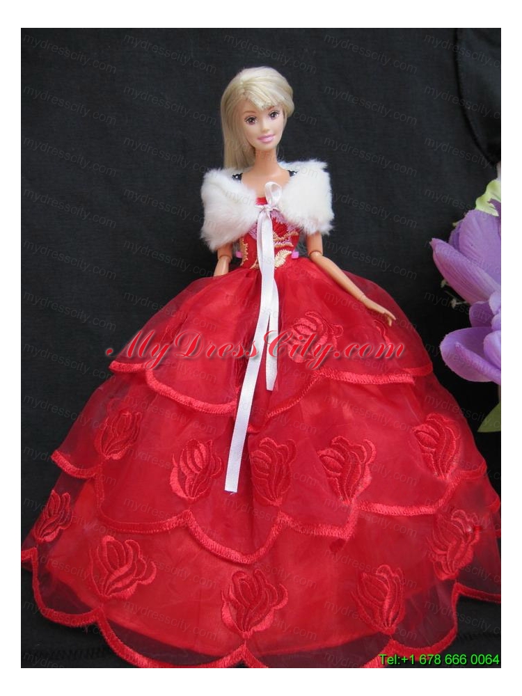 Embroidery Red Organza Ball Gown Gown For Barbei Doll