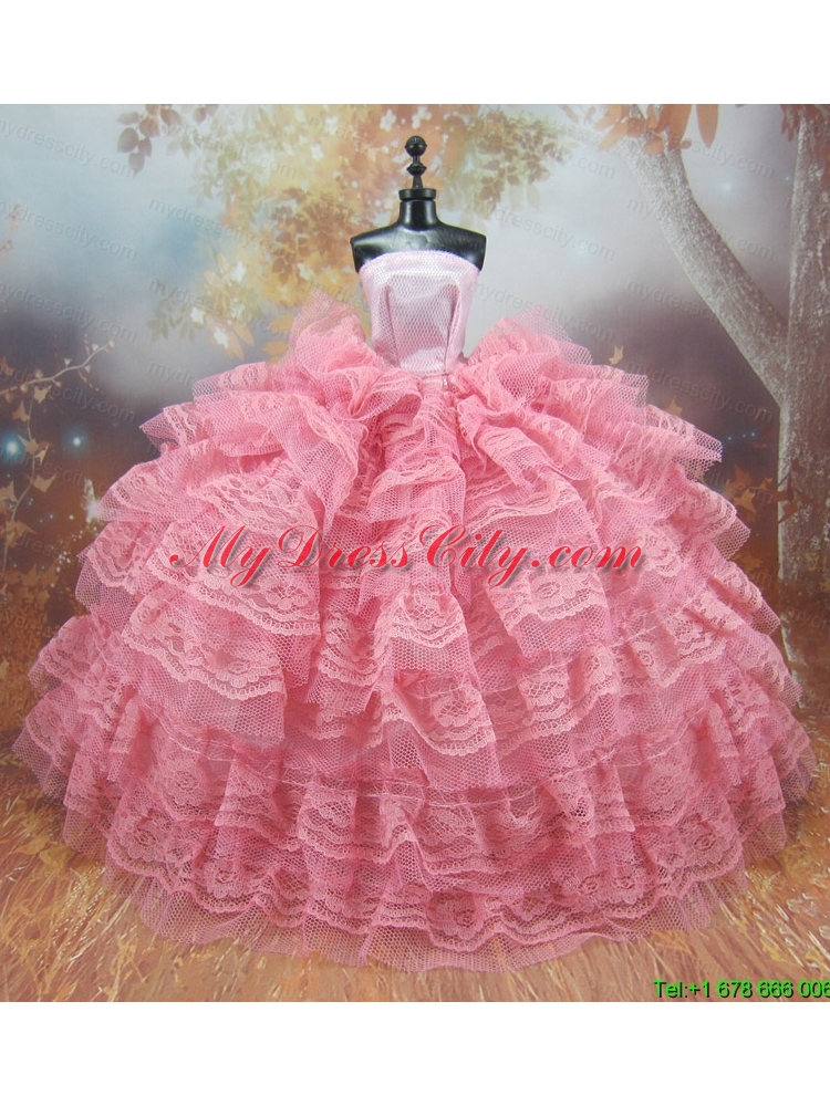 Exclusive Lace Decorate Ball Gown Pink Barbie Doll Dress