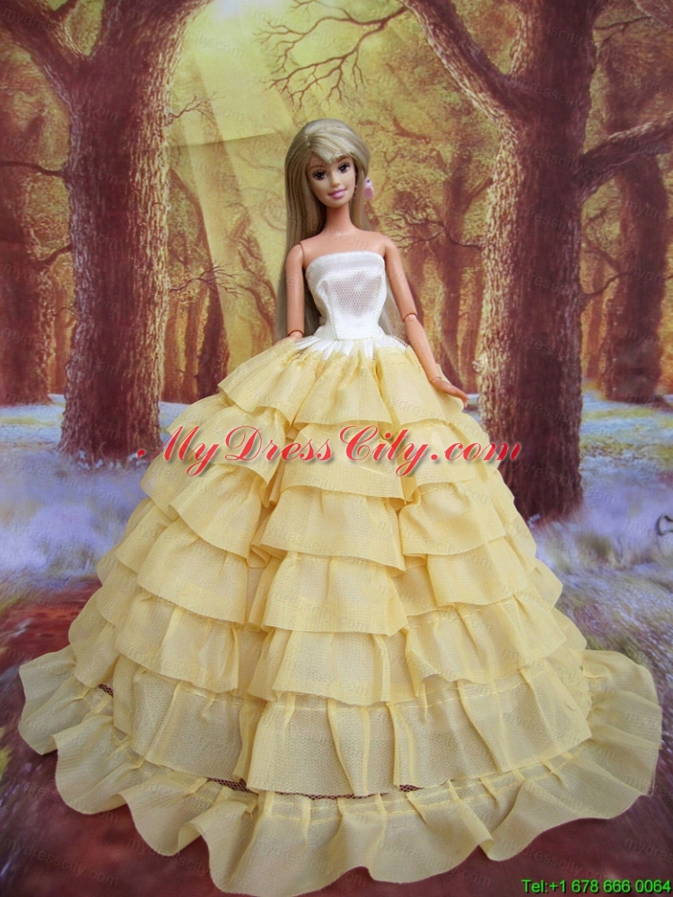 Ruffled Layers Decorate Ball Gown Light Yellow  Barbie Doll Dress