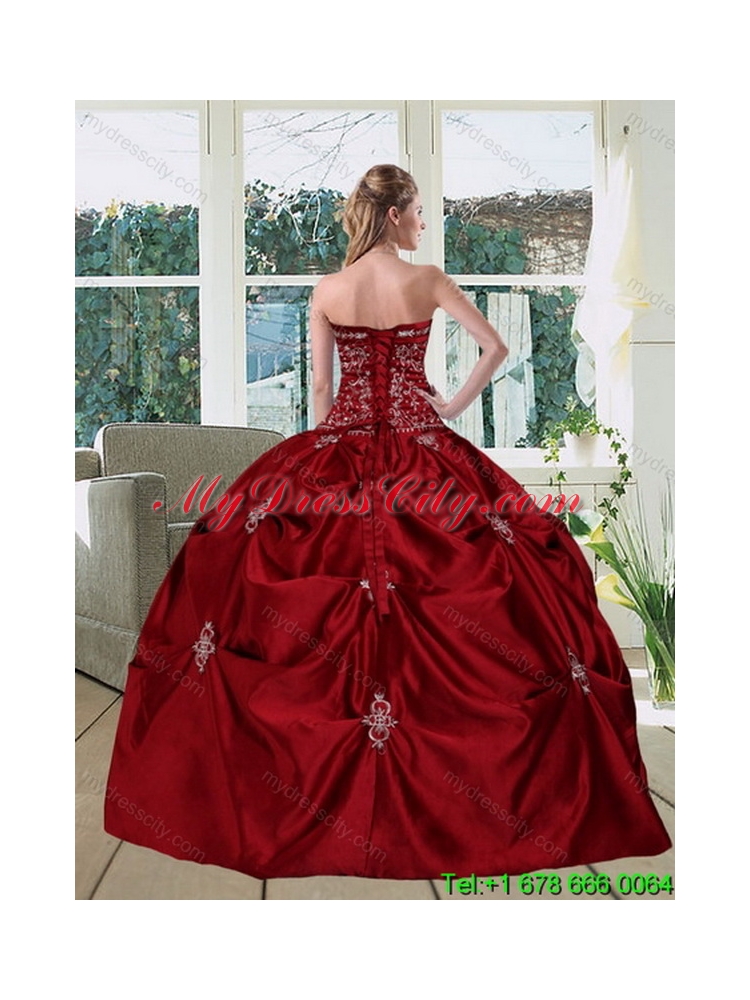 Wine Red Elegant Strapless 2015 Quinceanera Gown with Embroidery and Pick Ups