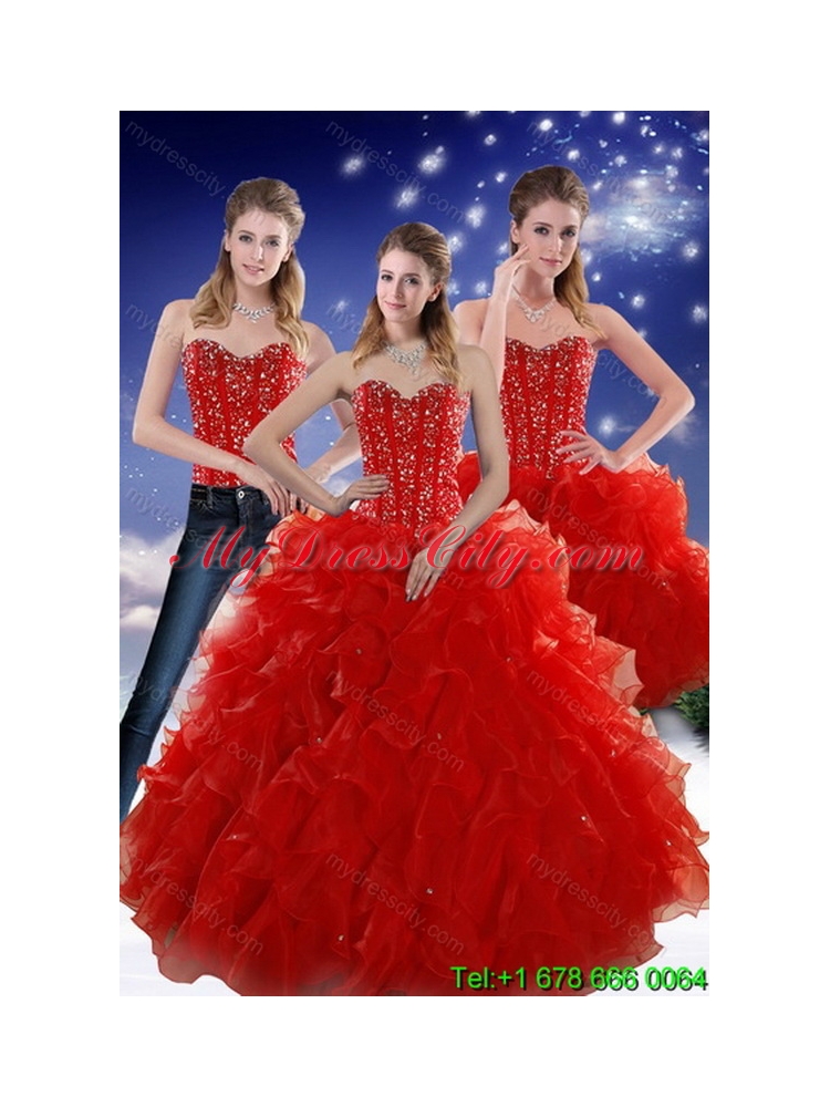 2015 Elegant Red Sweetheart Quince Dresses with Beading and Ruffles