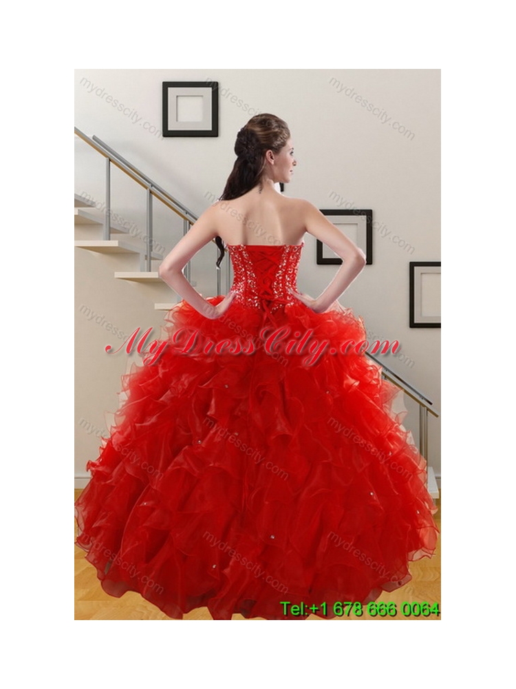 2015 Elegant Red Sweetheart Quince Dresses with Beading and Ruffles