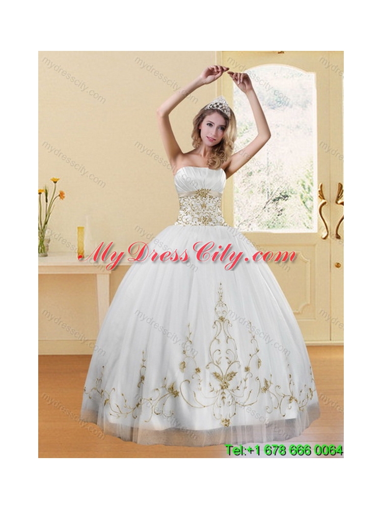 Elegant Embroidery White and Gold Quinceanera Dress for 2015