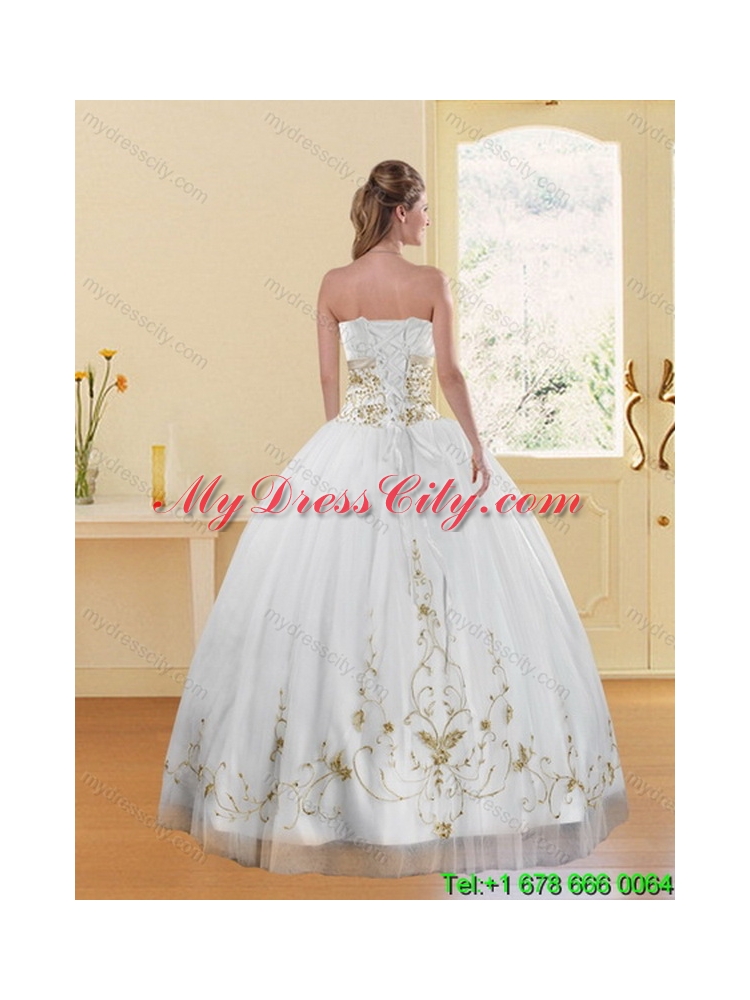 Elegant Embroidery White and Gold Quinceanera Dress for 2015