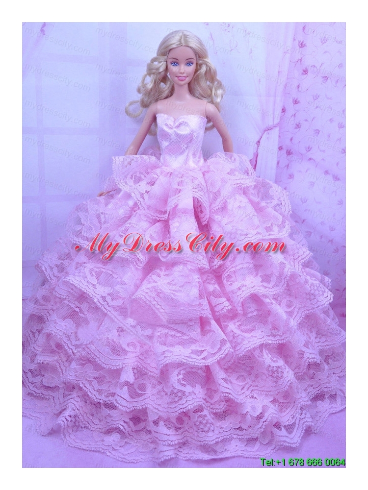 Exclusive Pink Gown With Ruffled Layers Dress For  Barbie Doll