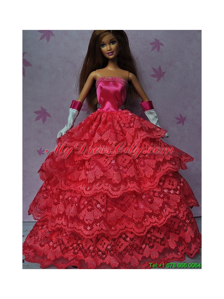 Pretty Red Gown With Ruffled Layers Dress For Barbie Doll