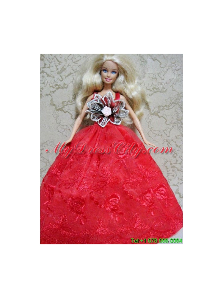 Red Embroidery Dress Handmade Gown for Barbie Doll