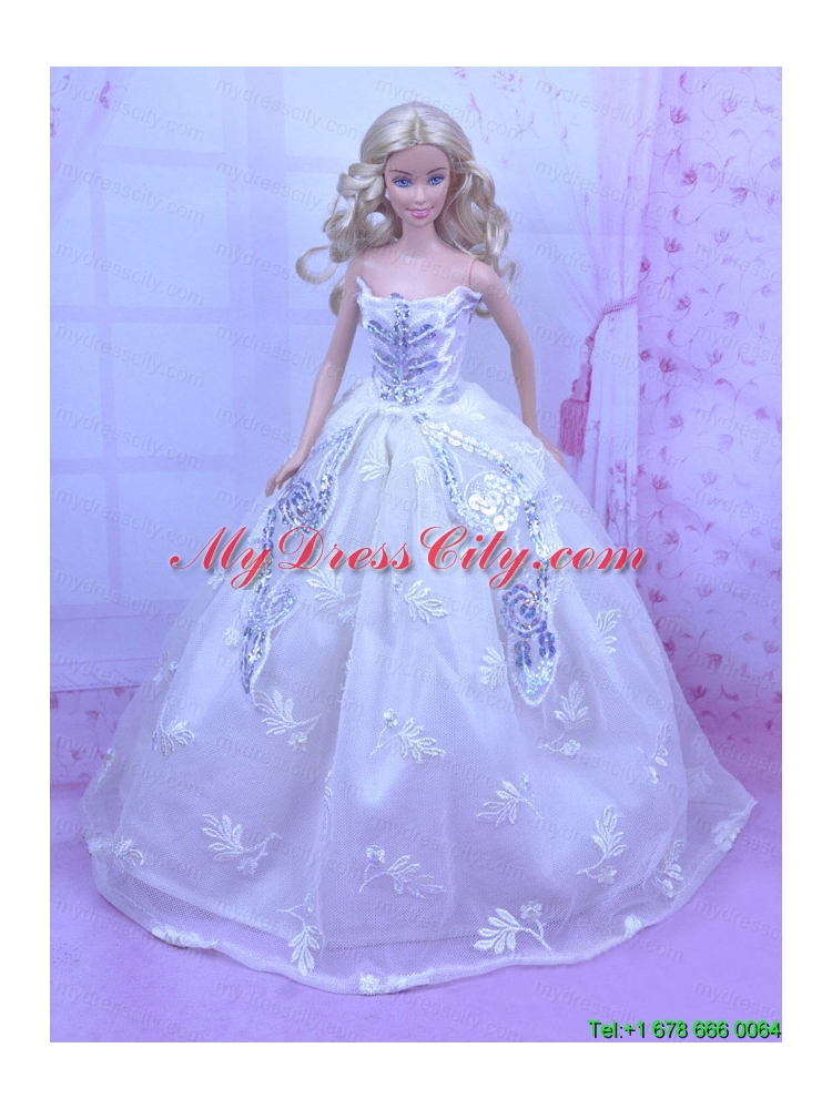 Elegant White Gown With Embroidery and Sequins Made to Fit the Barbie Doll