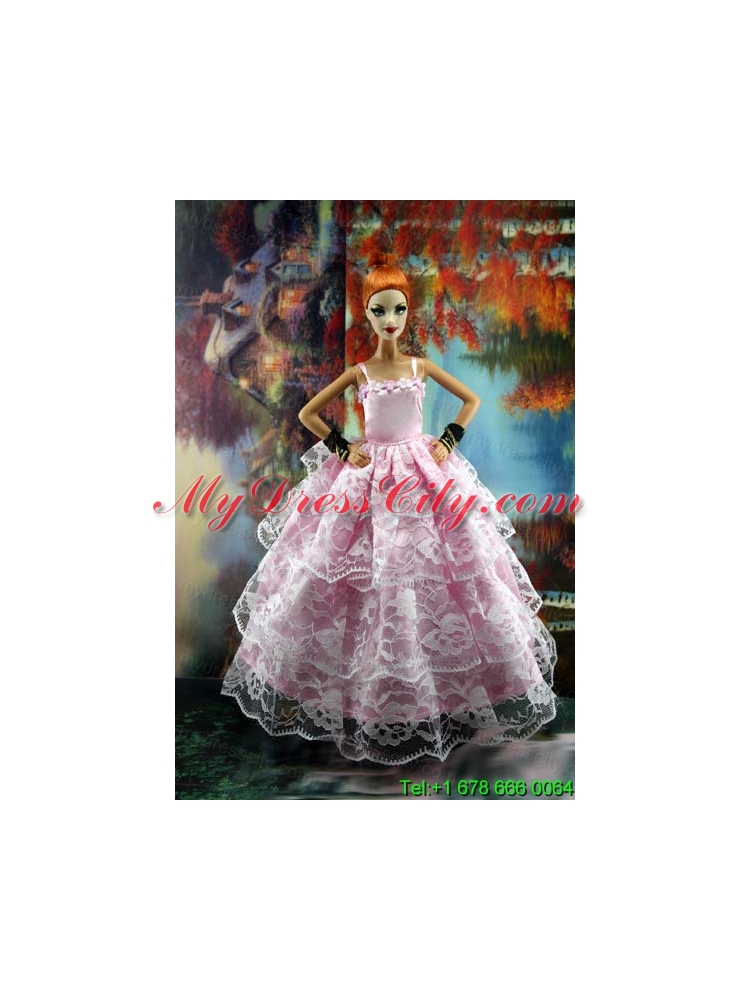 Luxurious Pink Gown With Ruffled Layers Lace For Barbie Doll