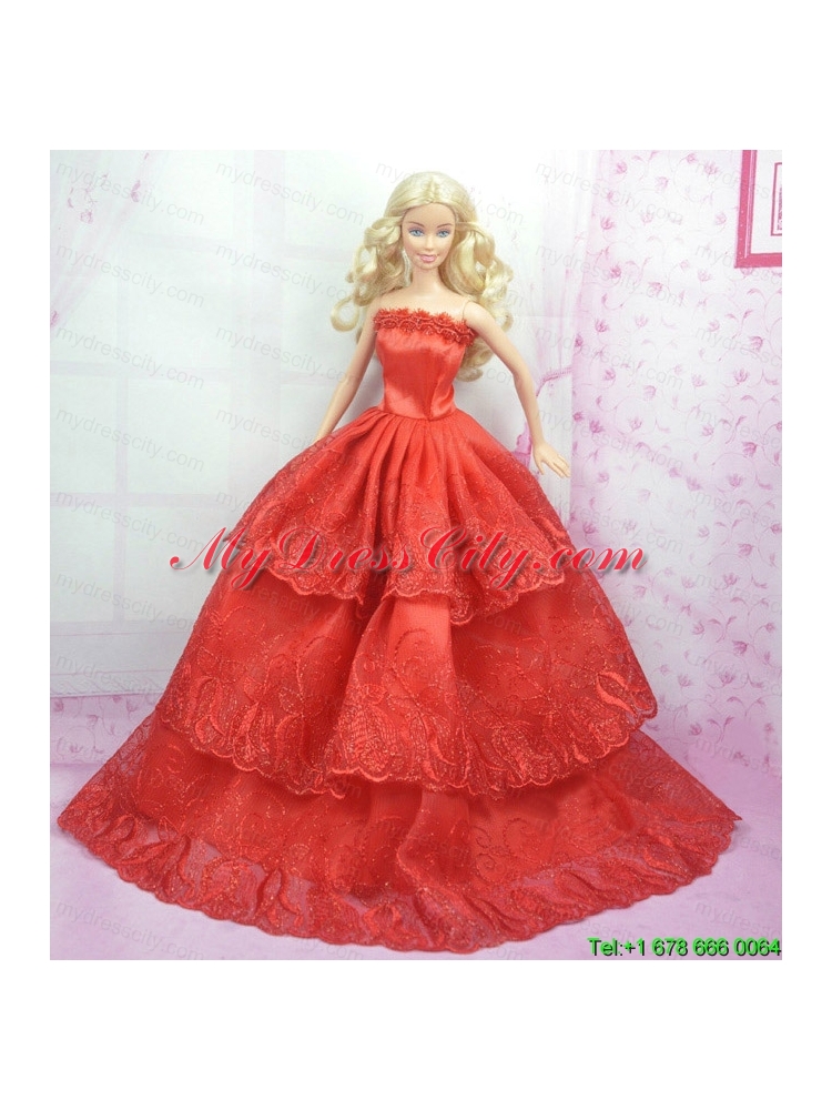 Rust Red Princess Dress With Embroidery Gown For Barbie Doll