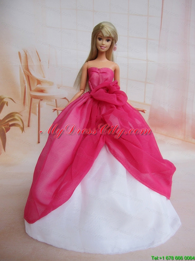 Pretty Ball Gown Dress For Noble Barbie With Hot Pink and Hand Made Flowers