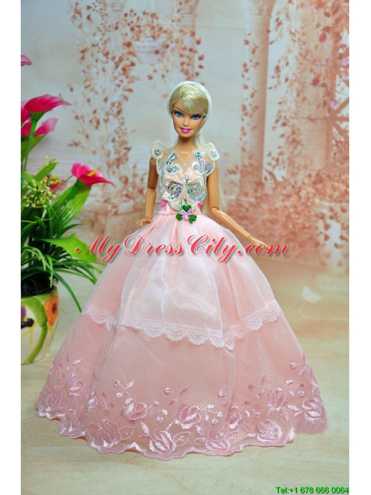 Luxurious Baby Pink Appliques With Flooe-length Wedding Dress For Barbie Doll