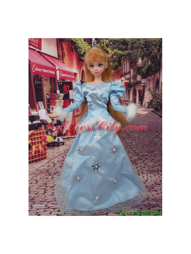 Cute Baby Blue Scoop Long Sleeves Appliques Made to Fit the Barbie Doll