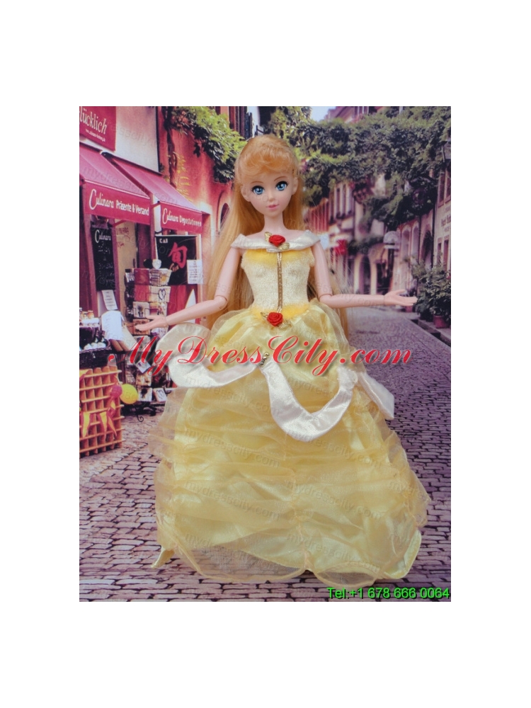 Cute Yellow Scoop Hand Made Flowers Barbie Doll Dress