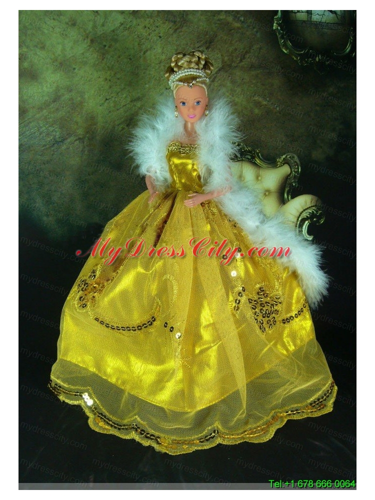 Luxurious Appliques Yellow Strapless Party Clothes Fashion Dress for Noble Barbie