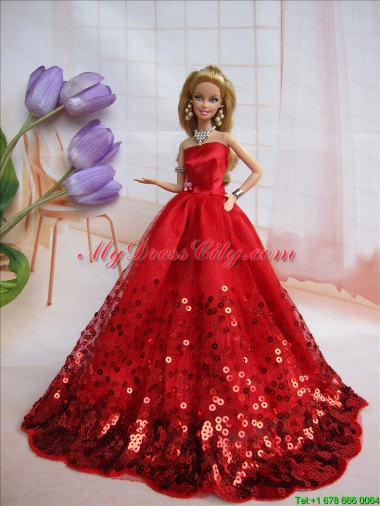 Popular Strapless Red Accents and Sequins Made To Fit The Barbie Do