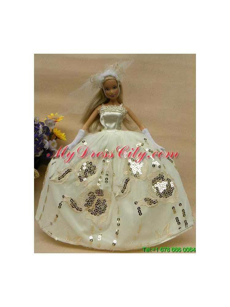 Roamntic Champagne Straps Ball Gown Appliques Wedding Dress For Barbie Doll