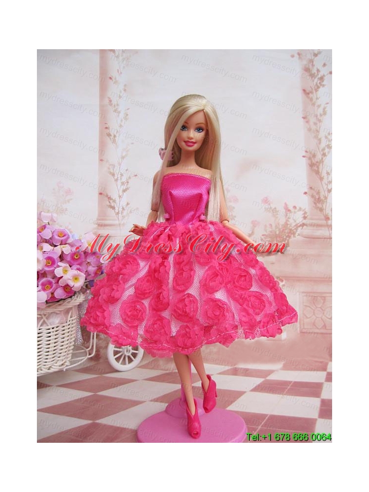 Sweet Ball Gown Hot Pink Hand Made Flowers With Tea-length Made to Fit the Barbie Dol