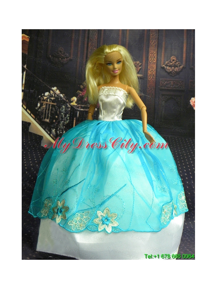 White and Blue Ball Gown Appliques Made to Fit the Barbie Doll