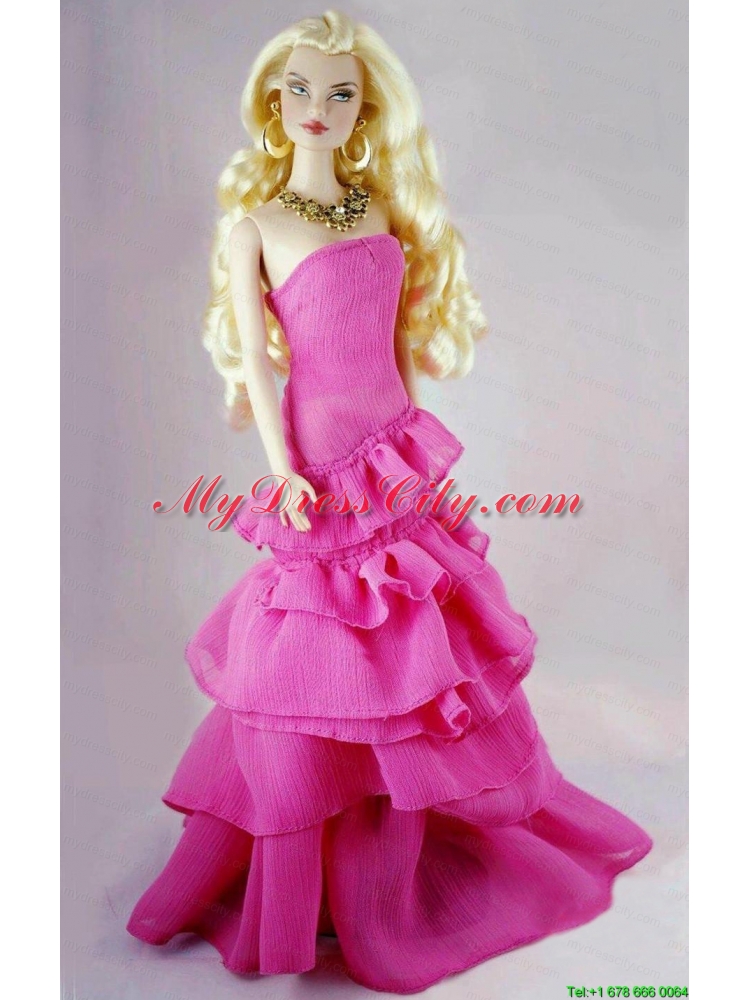 Fashion Fuchsia Party Dress With Ruffled Layers Gown For Barbie Doll