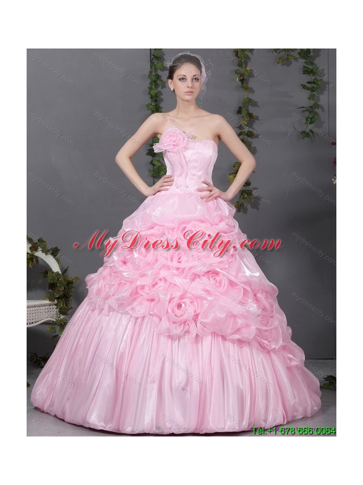 2015 Latest Pink Quinceanera Gowns with Hand Made Flowers and Ruffles