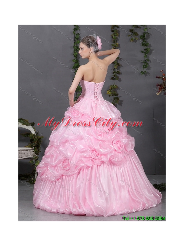 2015 Latest Pink Quinceanera Gowns with Hand Made Flowers and Ruffles