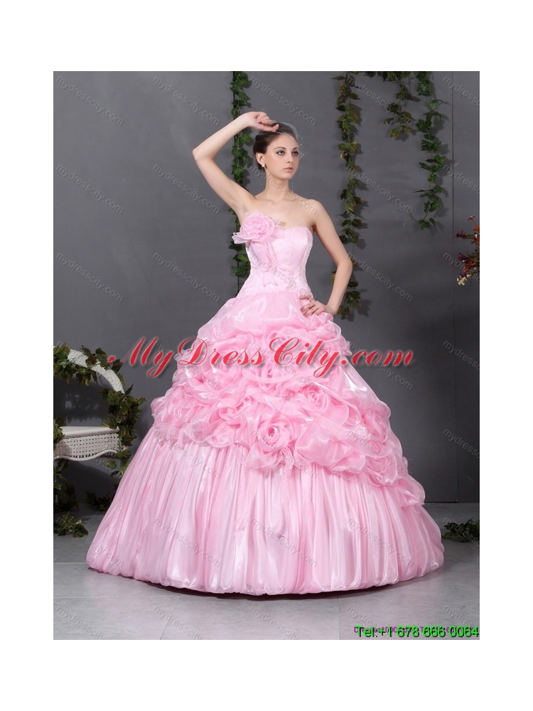 2015 Latest Pink Quinceanera Gowns with Hand Made Flowers and Ruffles