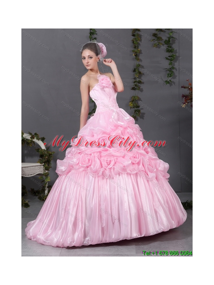 2015 Latest Pink Quinceanera Gowns with Hand Made Flowers and Ruffles