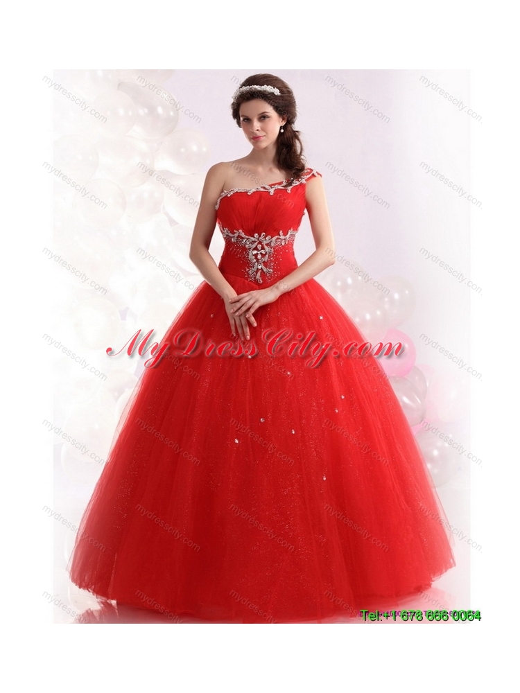 2015 Latest Red One Shoulder Sweet 15 Dresses with Rhinestones