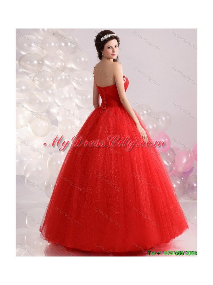 2015 Latest Red One Shoulder Sweet 15 Dresses with Rhinestones